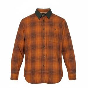 Outdoor Life Plaid Flannel Shirt Mens Medium Brown Orange Elbow Patch Button Up